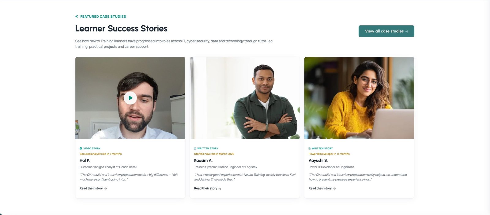 Newto Training learner success stories section