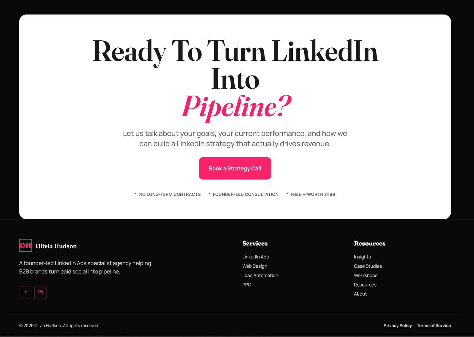 Olivia Hudson call to action and footer section