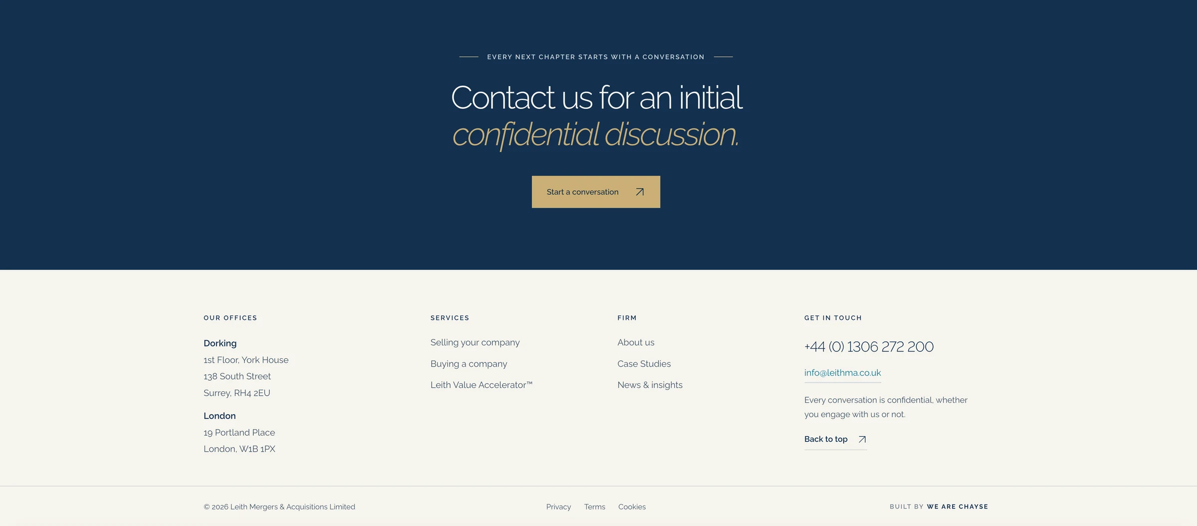 Leith M&A homepage contact section and footer